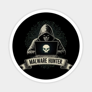 MALWARE HUNTER. Dark Hacker with Skull on Laptop Screen Tech Pattern Magnet